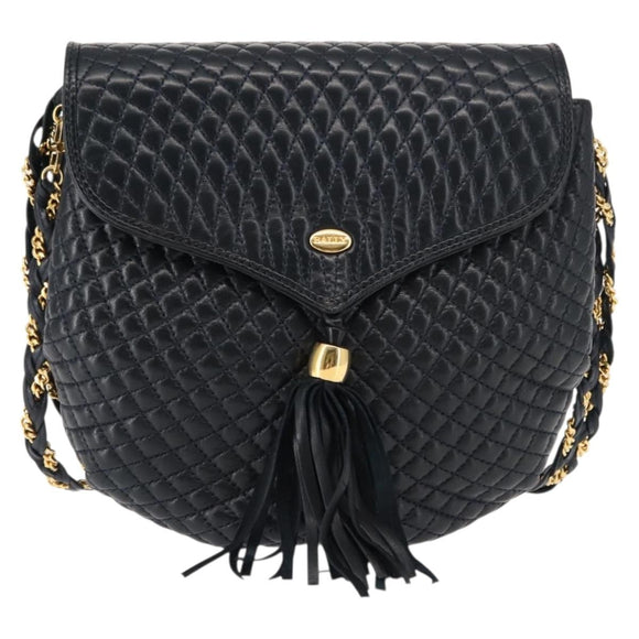 BALLY Chain Shoulder Bag Leather Navy Gold Auth 148234