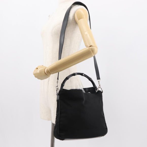 GUCCI Bamboo Shoulder Bag Nylon 2way Black Silver 001 1638 1705 Auth 148258