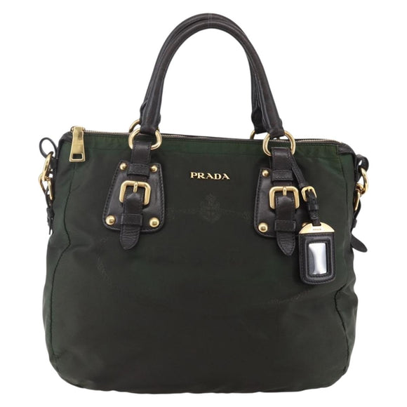 PRADA Hand Bag Nylon 2way Khaki Gold Auth 148290