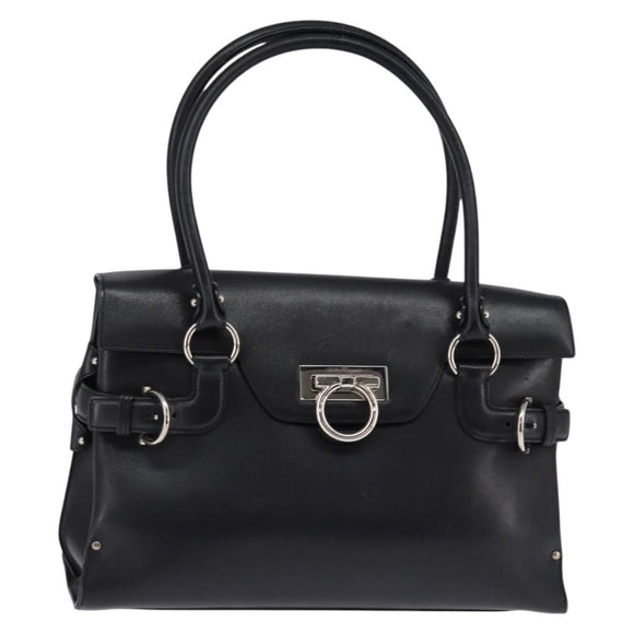Salvatore Ferragamo Gancini Hand Bag Leather Black Silver Auth 148322