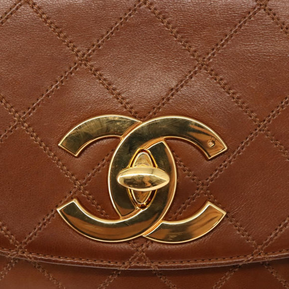 CHANEL Bicolore Chain Shoulder Bag Lamb Skin Brown Gold CC Auth 148355