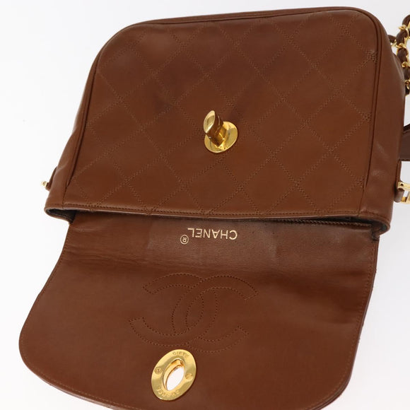 CHANEL Bicolore Chain Shoulder Bag Lamb Skin Brown Gold CC Auth 148355