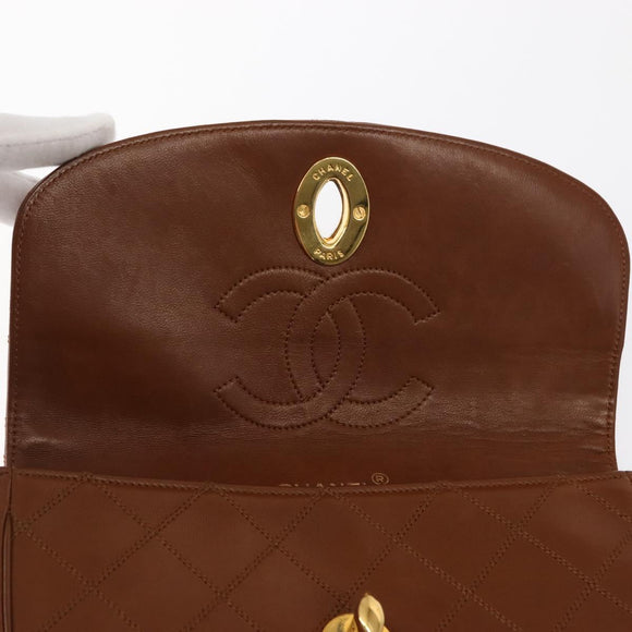 CHANEL Bicolore Chain Shoulder Bag Lamb Skin Brown Gold CC Auth 148355