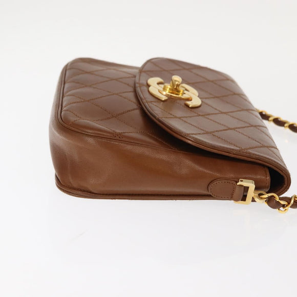 CHANEL Bicolore Chain Shoulder Bag Lamb Skin Brown Gold CC Auth 148355
