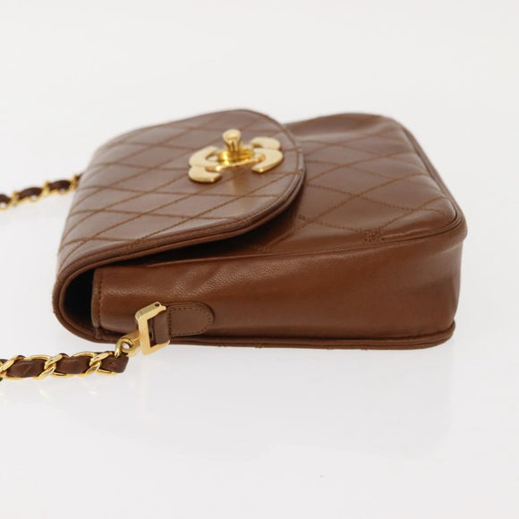 CHANEL Bicolore Chain Shoulder Bag Lamb Skin Brown Gold CC Auth 148355