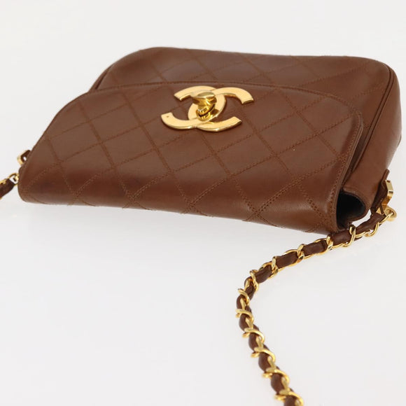 CHANEL Bicolore Chain Shoulder Bag Lamb Skin Brown Gold CC Auth 148355