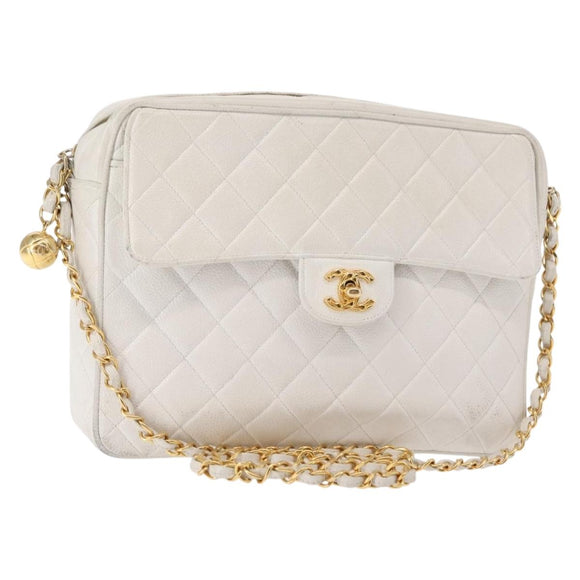 CHANEL Matelasse Chain Shoulder Bag Caviar Skin White Gold CC Auth 148356