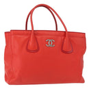 CHANEL Tote Bag Leather Red Silver CC Auth 148379-1