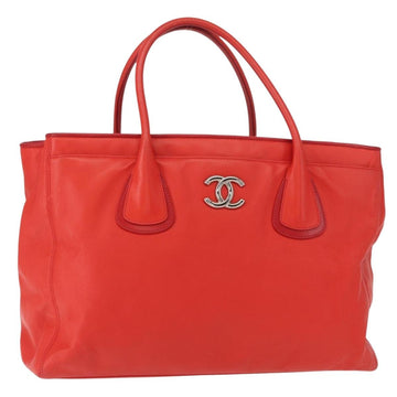 CHANEL Tote Bag Leather Red Silver CC Auth 148379