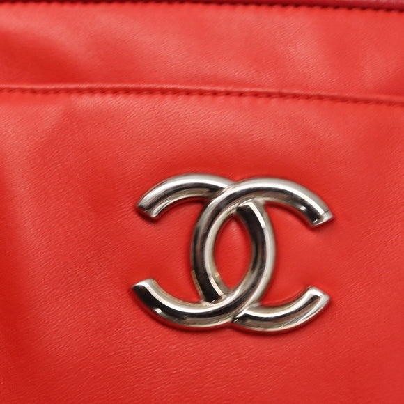 CHANEL Tote Bag Leather Red Silver CC Auth 148379