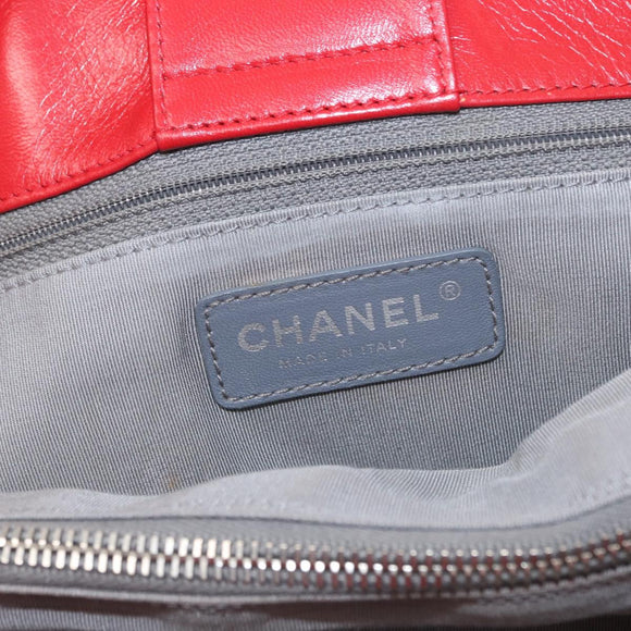 CHANEL Tote Bag Leather Red Silver CC Auth 148379