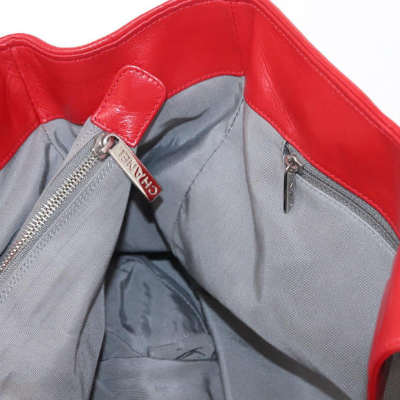 CHANEL Tote Bag Leather Red Silver CC Auth 148379
