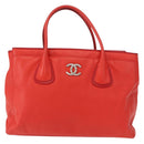 CHANEL Tote Bag Leather Red Silver CC Auth 148379-13