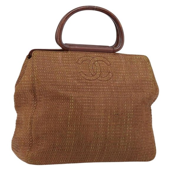 CHANEL Hand Bag Raffia Brown Gold CC Auth 148382