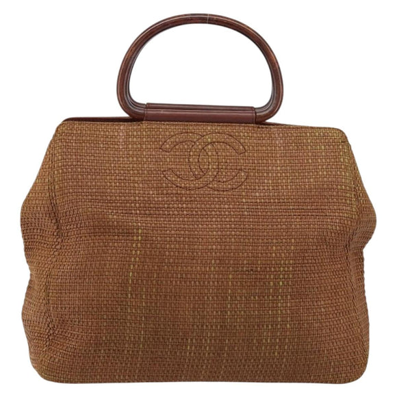 CHANEL Hand Bag Raffia Brown Gold CC Auth 148382