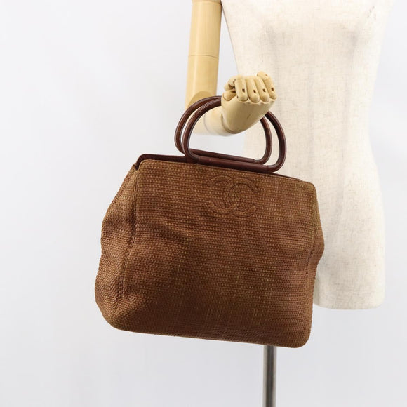 CHANEL Hand Bag Raffia Brown Gold CC Auth 148382