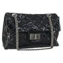 CHANEL Chain Matelasse 2.55 Shoulder Bag Enamel Black Silver CC Auth 148383-1