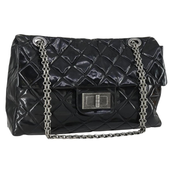 CHANEL Chain Matelasse 2.55 Shoulder Bag Enamel Black Silver CC Auth 148383