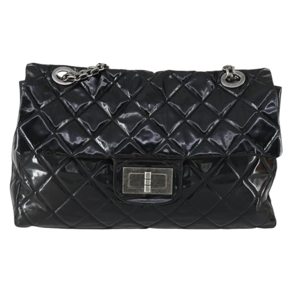 CHANEL Chain Matelasse 2.55 Shoulder Bag Enamel Black Silver CC Auth 148383