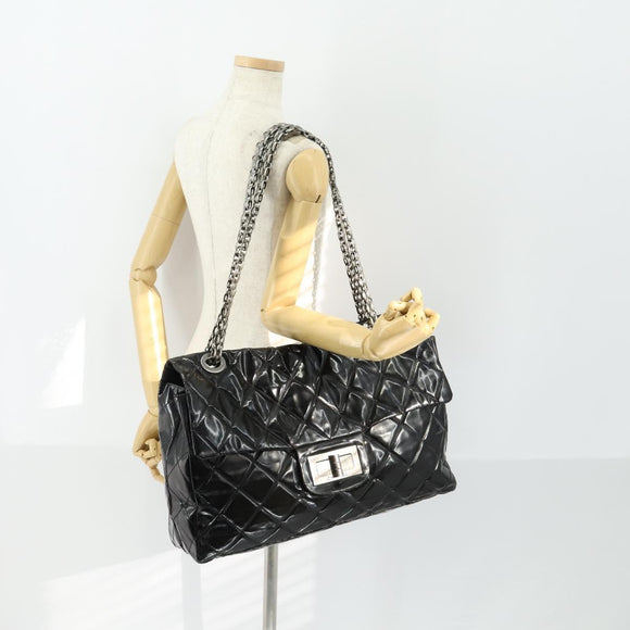 CHANEL Chain Matelasse 2.55 Shoulder Bag Enamel Black Silver CC Auth 148383