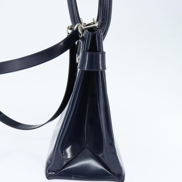 GUCCI Hand Bag Enamel 2way Navy Silver Auth 148384