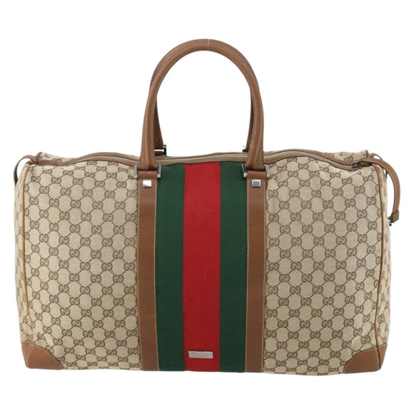 GUCCI GG Canvas Web Sherry Line Boston Bag Beige Green Red Auth 148391
