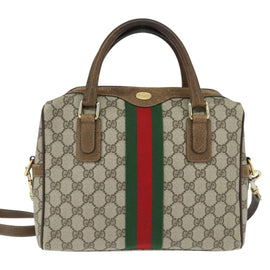 GUCCI GG Supreme Web Sherry Line Hand Bag PVC 2way Beige 67 02 3839 Auth 148415 - 0