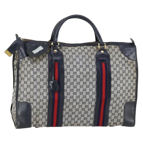 GUCCI GG Canvas Sherry Line Hand Bag Navy Gold Red Auth 148418
