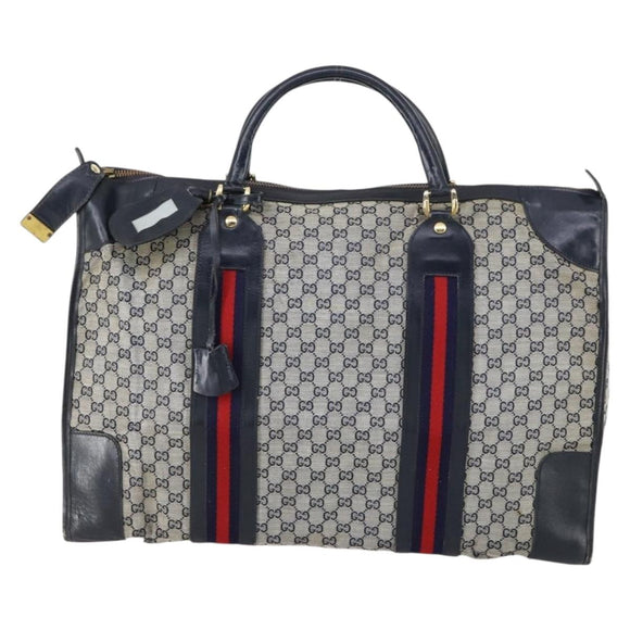 GUCCI GG Canvas Sherry Line Hand Bag Navy Gold Red Auth 148418