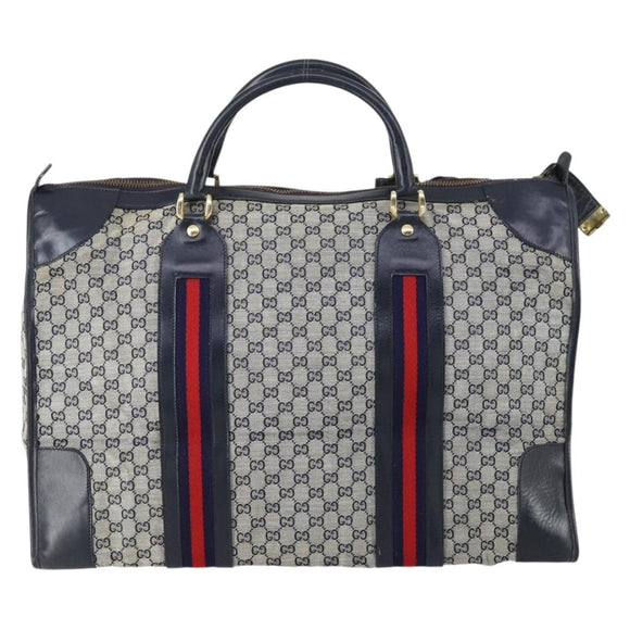 GUCCI GG Canvas Sherry Line Hand Bag Navy Gold Red Auth 148418