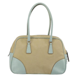 PRADA Boston Bag Canvas Beige Silver Auth 148422 - 0