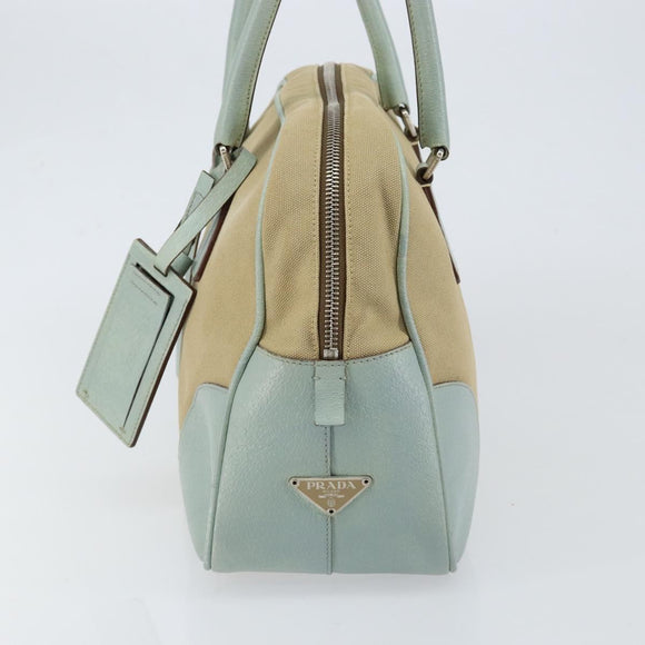 PRADA Boston Bag Canvas Beige Silver Auth 148422
