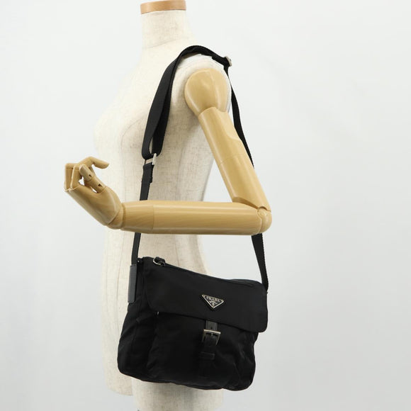 PRADA Shoulder Bag Nylon Black Silver Auth 148424