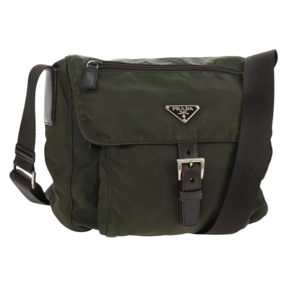 PRADA Shoulder Bag Nylon Khaki Silver Auth 148427