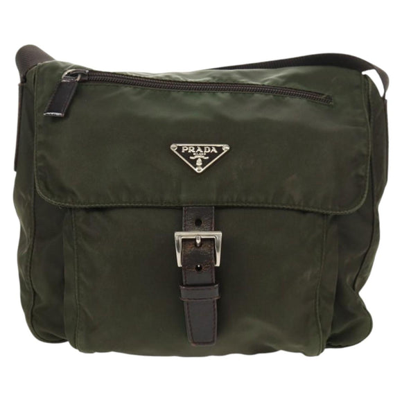 PRADA Shoulder Bag Nylon Khaki Silver Auth 148427