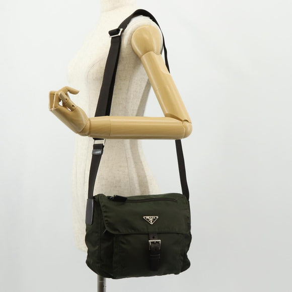 PRADA Shoulder Bag Nylon Khaki Silver Auth 148427