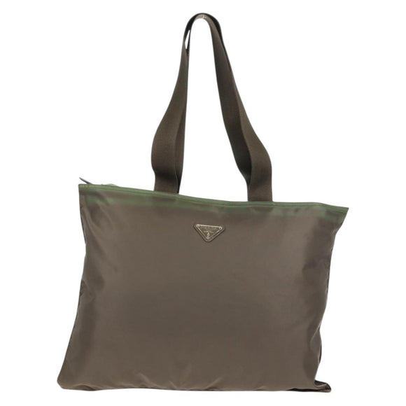 PRADA Tote Bag Nylon Khaki Silver Auth 148428