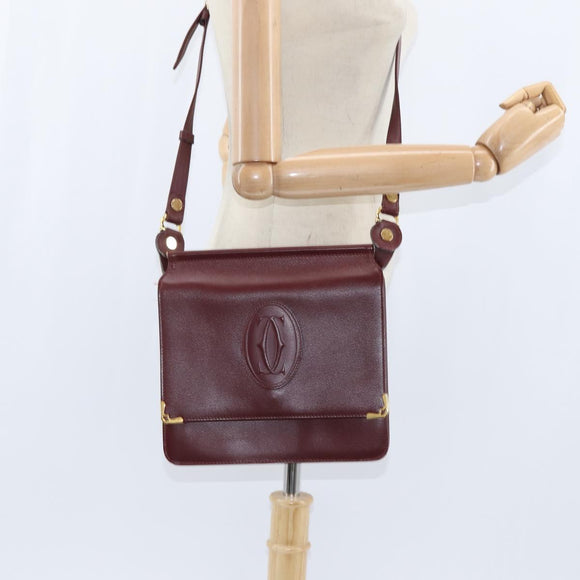 CARTIER Must Line Shoulder Bag Leather Bordeaux Gold Auth 148432