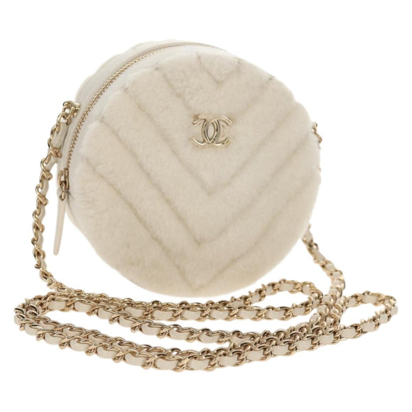 CHANEL V Stitch Chain Shoulder Bag Mouton White Gold CC Auth 148461AM