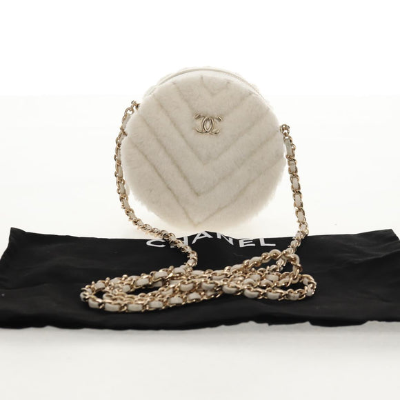 CHANEL V Stitch Chain Shoulder Bag Mouton White Gold CC Auth 148461AM