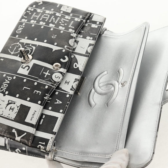 CHANEL Double Flap Chain Shoulder Bag Leather Silver CC Auth 148462SAM