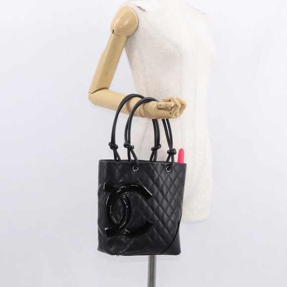 CHANEL Cambon Line Matelasse Tote Bag Leather Black Silver CC Auth 148463SAV