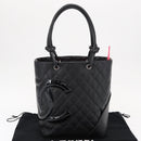 CHANEL Cambon Line Matelasse Tote Bag Leather Black Silver CC Auth 148463SAV-12