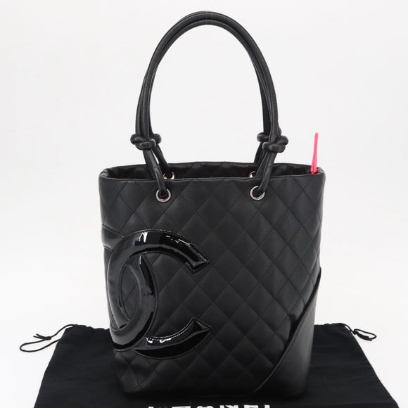 CHANEL Cambon Line Matelasse Tote Bag Leather Black Silver CC Auth 148463SAV