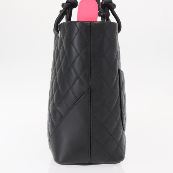 CHANEL Cambon Line Matelasse Tote Bag Leather Black Silver CC Auth 148463SAV