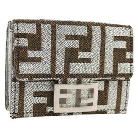 FENDI Zucca Canvas Baguette Wallet Silver Brown Auth 148473M