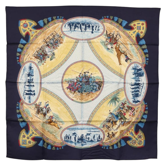 HERMES Carre 90 Scarf ""CAVALIERS PEULS"" Silk Blue Auth 148480