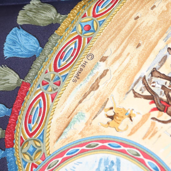 HERMES Carre 90 Scarf ""CAVALIERS PEULS"" Silk Blue Auth 148480