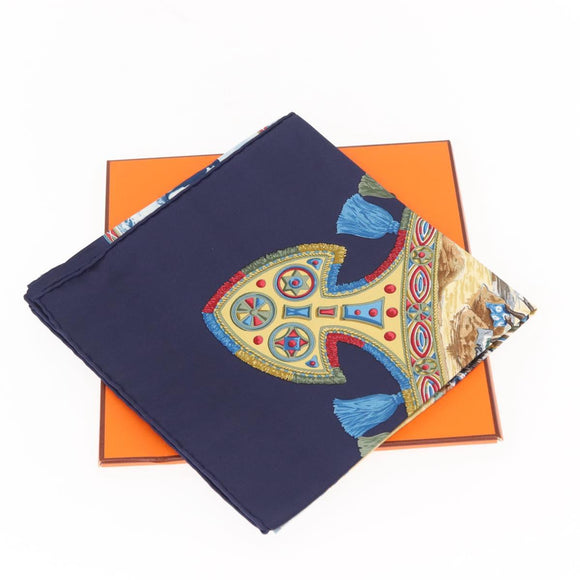 HERMES Carre 90 Scarf ""CAVALIERS PEULS"" Silk Blue Auth 148480