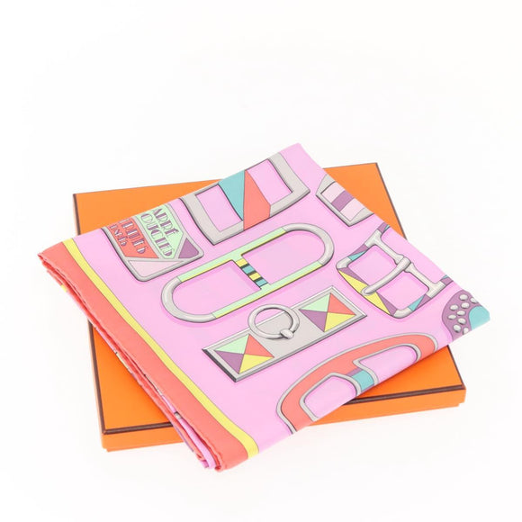 HERMES Carre 90 Scarf ""EN BOUCLES"" Silk Pink Auth 148481